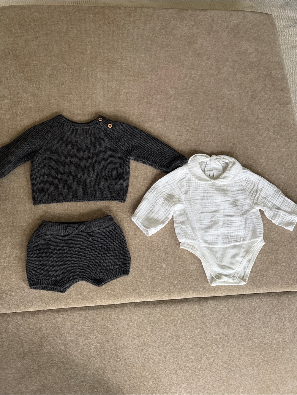 Mango 1-3 M Neutral Knit Baby Set with White Cotton Bodysuit